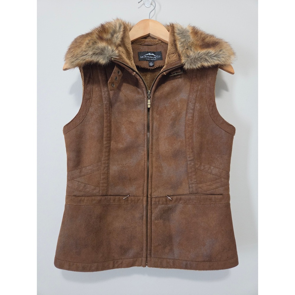 Montanaco Womens Brown Faux Suede Fur Collar Zip Up Vest Small Cognac Western